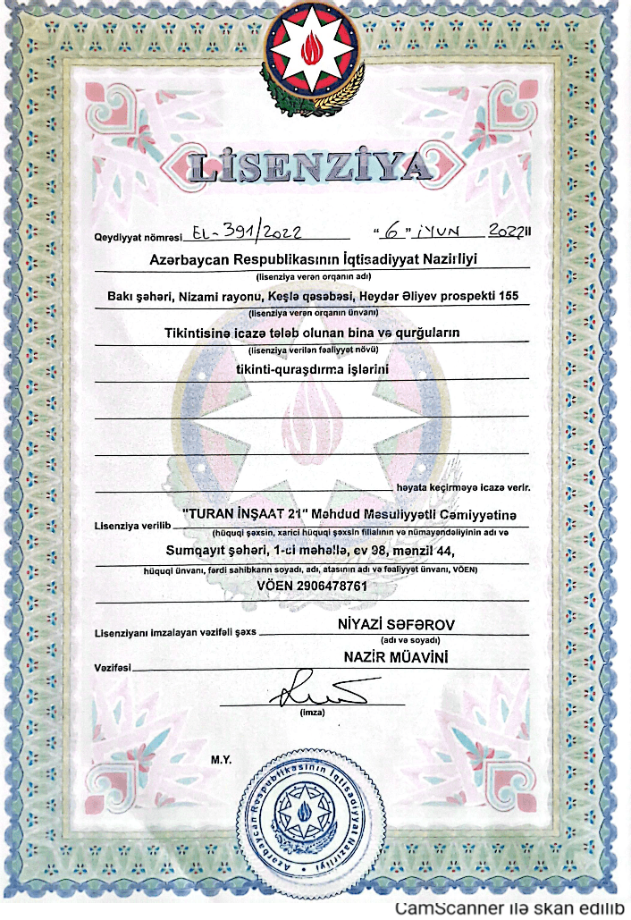Turan İnşaat MMC – Rəsmi Lisenziya Sertifikatı